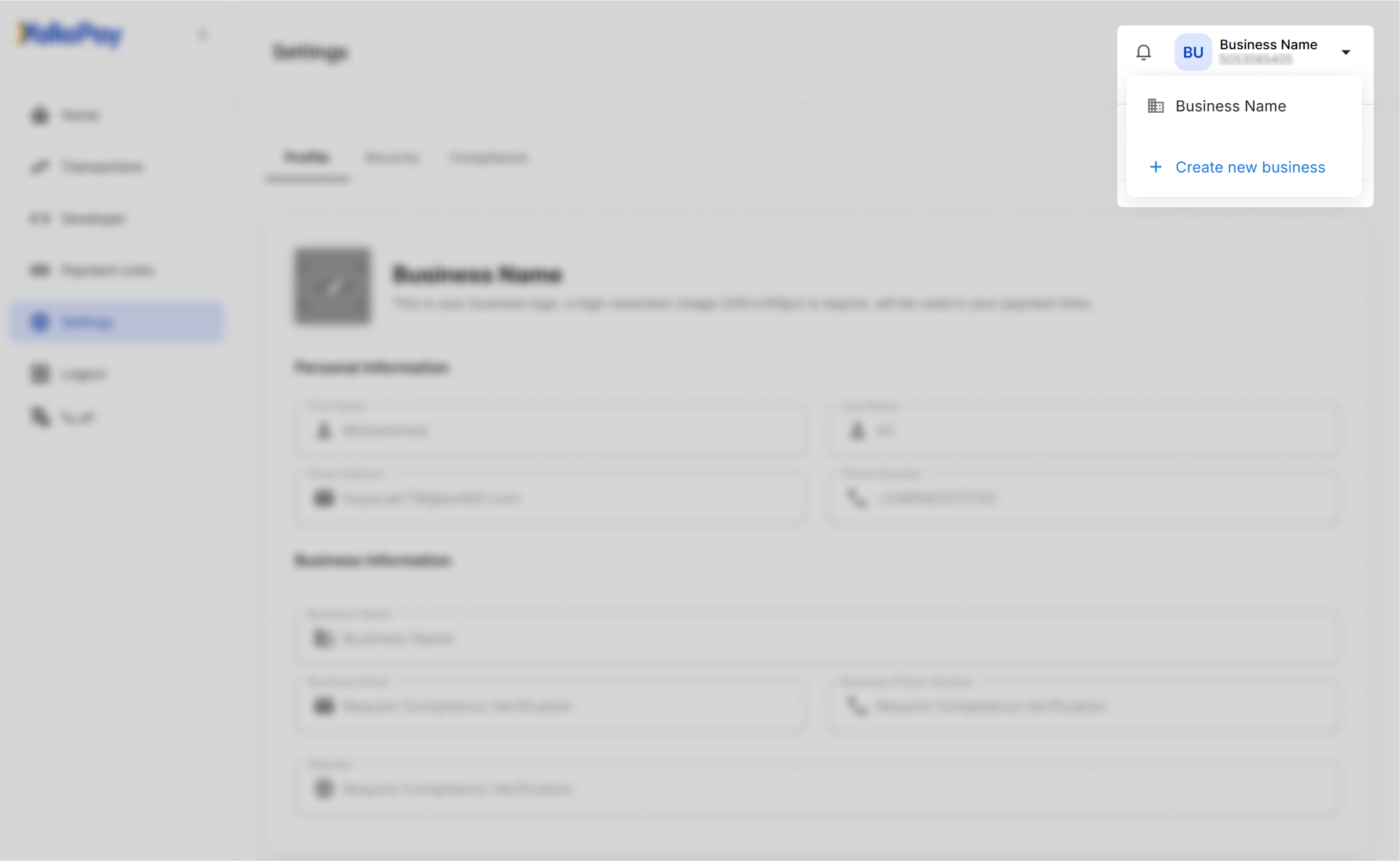 Business Selector tab